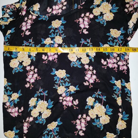 Pink Rose Beautiful Black Yellow Floral Sheer Cap Sleeve Blouse Medium - Picture 9 of 11